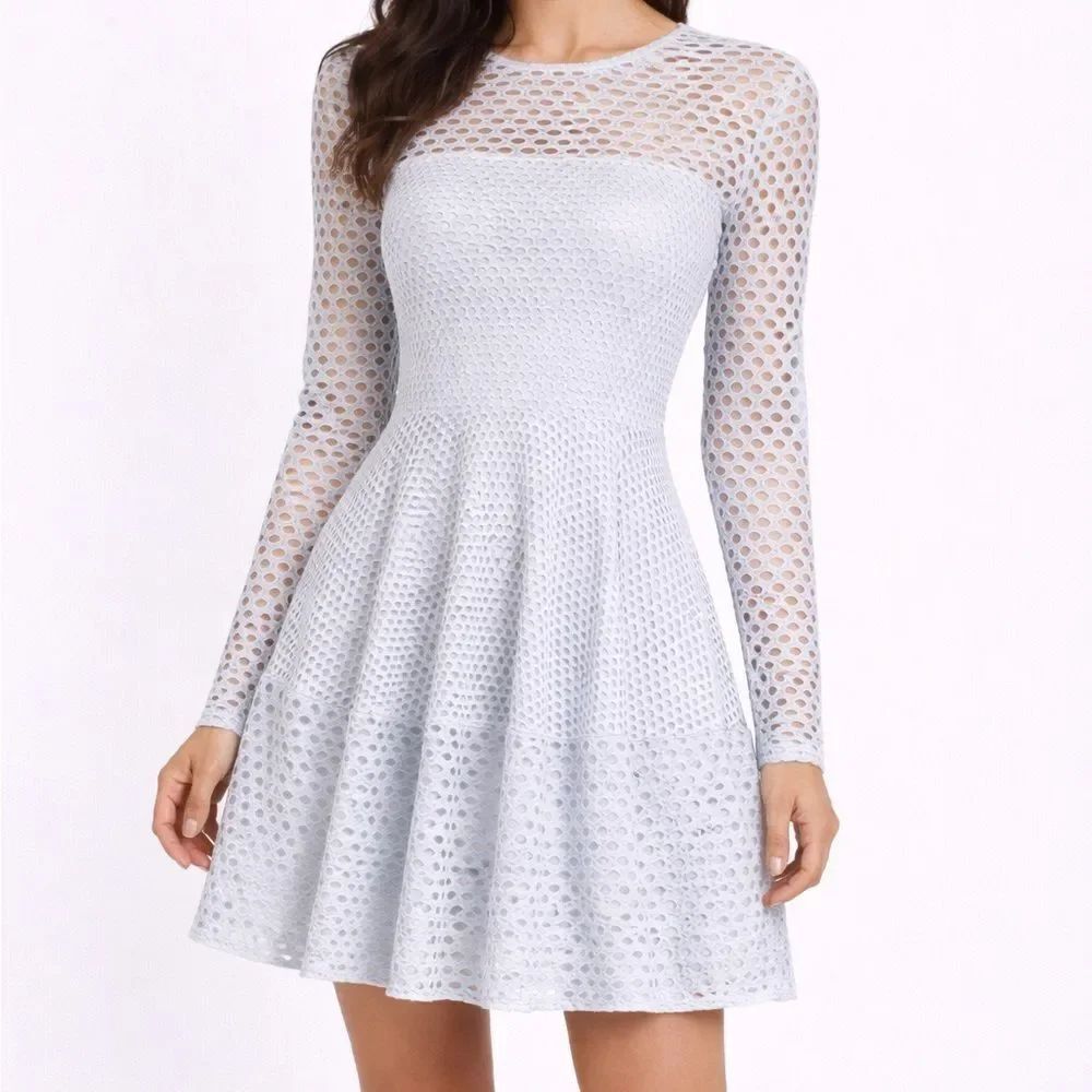 Revolve BCBGMaxAzria Light Blue Haze Kyla Long-Sleeve Crochet Fit & Flare Dress